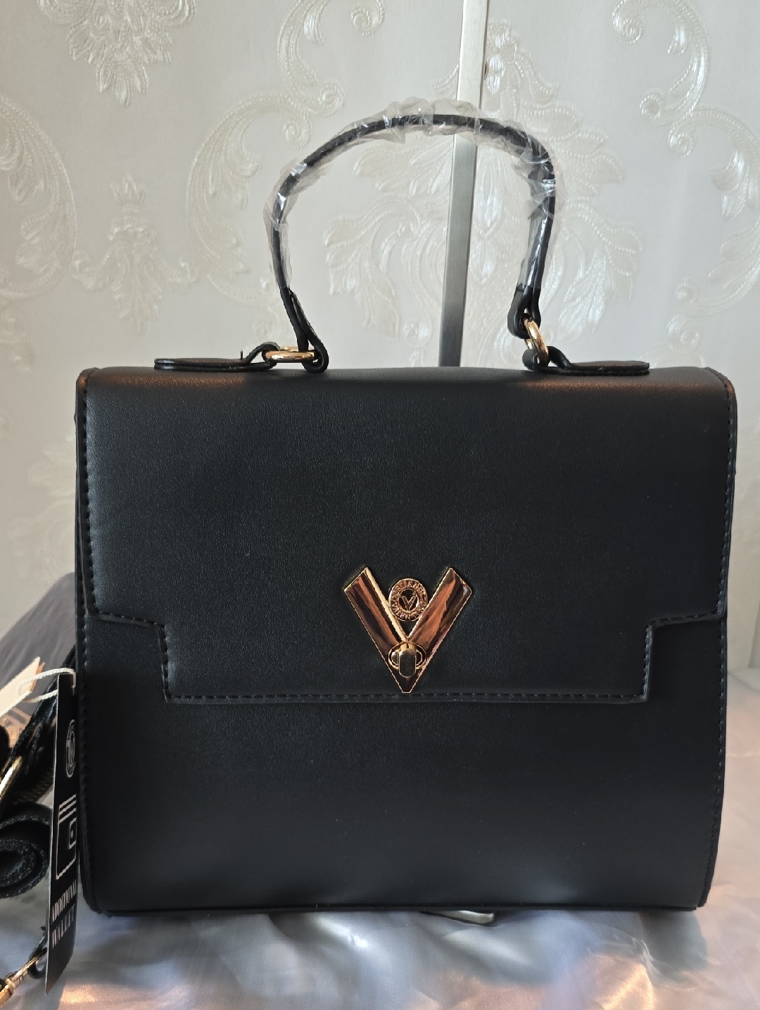 Valentino Orlandi Black Top-Handle Crossbody Bag With Gold Accent